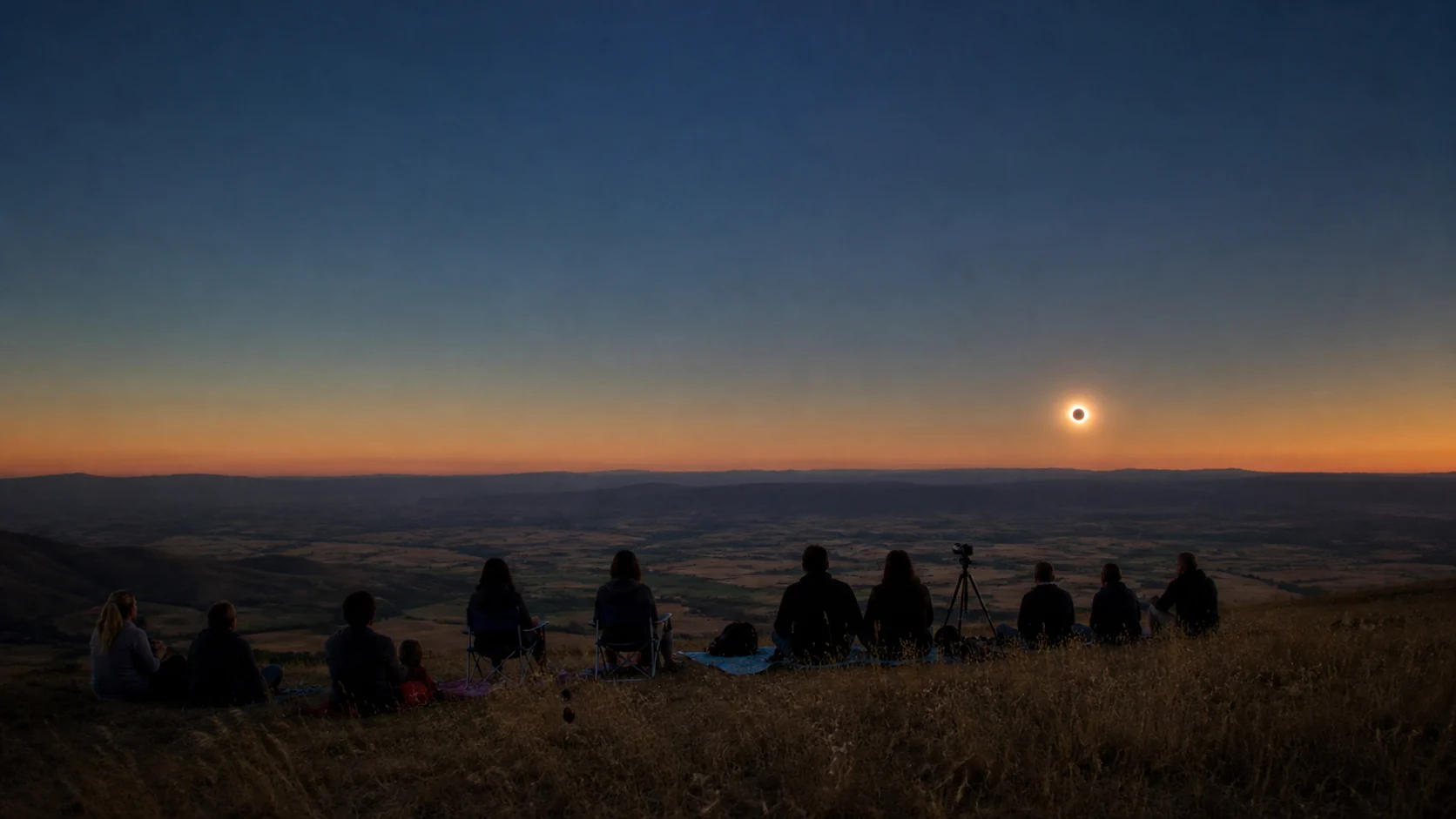 Paisaje conceptual de León orientado al oeste durante un eclipse total al atardecer